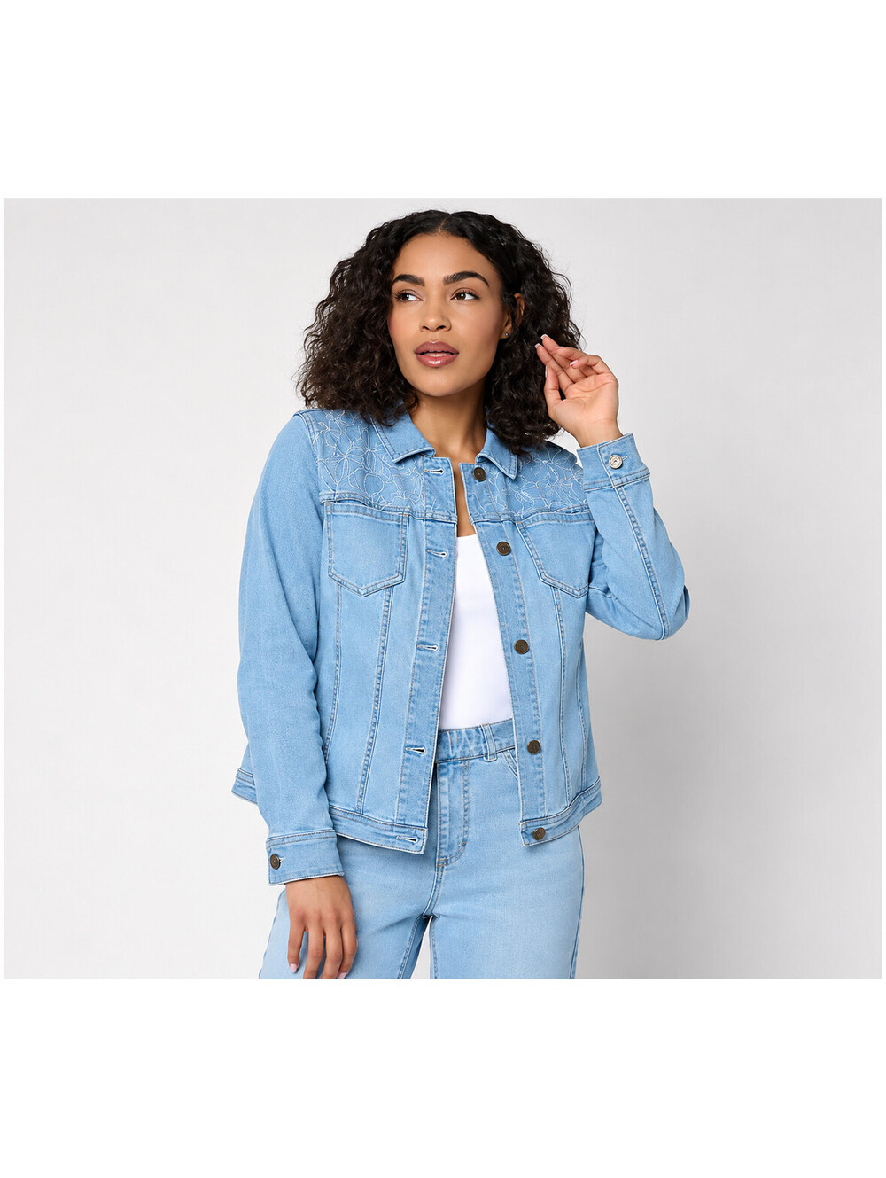 Susan Graver Stretch Denim Jacket with Novelty Embroidery Light Wash, X-Large